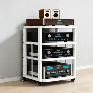 3/4-stufiger HiFi Rack mit Rädern, Audio Regal aus Holz & Metall, Medienständer 