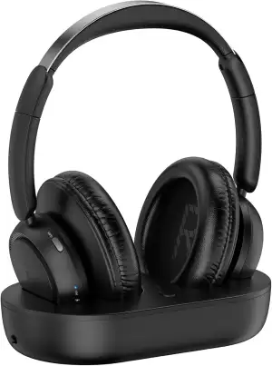 Funkkopfhörer für Fernseher, kabellose TV-Kopfhörer mit TV-Sender-Ladestation für Senioren, Hörgeschädigte, Keine Audioverzögerung, Blutooth-Kopfhörer, Plug-and-Play, Schwarz