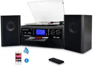 DIGITNOW! Bluetooth Viny Plattenspieler Plattenspieler für CD, Kassette, AM/FM Radio und Aux In, USB-Anschluss und SD-Codierung, Fernbedienung, mit eigenständigen Stereo-Lautsprechern
