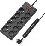 10-Fach Mehrfachsteckdose,Steckdosenleiste mit USB(PD 20W 2 USB-C Ports und 2 USB-A Ports), Steckdosenleiste überspannungsschutz,4000W/16A,1050 J, mehrfachsteckdose 2m mit Schalter,Schwarz