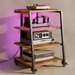 4-stufiger HiFi Rack mit Rädern, Plattenspieler Tisch Schrank mit Steckdosenleisten, LED-Leuchten, Verstellbaren Ablage Holz Medienständer HiFi Regal für Audioanlage, Stereoanlagen, TV, 60x52x78 cm