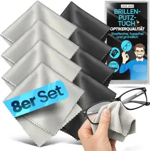 Brillenputztücher 8er Set 17x15cm - Brillenputztuch Microfaser in Optikerqualität - Mikrofasertücher für Brille & Display, Brillen Zubehör, Brillentücher in Grau