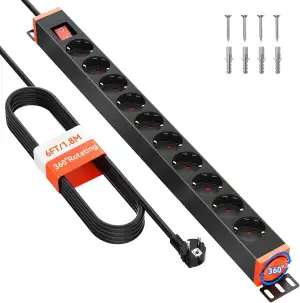 10-Fach Steckdosenleiste mit Überspannungsschutz, 360° drehbare Mehrfachsteckdos