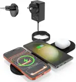 ZealSound 3-in-1 Wireless Charger für mehrere Geräte – Ultra-dünne PU-Leder-Ladematte für Handy & Ohrhörer, Drahtloses Ladepad für iPhone, Smartphones, AirPods, Galaxy Buds & mehr – Mit EU-Stecker