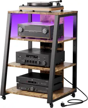 Lifewit 4-stufiger HiFi Rack mit Steckdosenleisten und LED-Leuchten, Holz & Stah