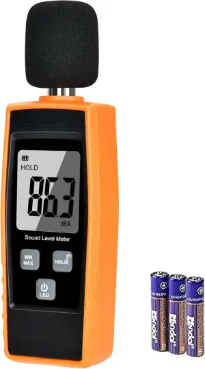 Handschall-Pegelmesser, 30~130 dB Dezibel, Geräuschmessgerät mit Hintergrundbeleuchtung, digitales LCD-Display für den Innen- und Außenbereich, Max/Min/Hold-Funktion