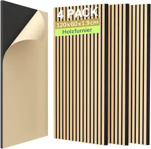 TONOR Holzfurnier Akustikpaneele selbstklebend,2,88m²-4 Stück 120x60x1,9cm 3D Wandpaneele Holzoptik, Akustik paneele für Akustische Behandlung und Wanddekoration, Wohnzimmer, Büro, Eiche
